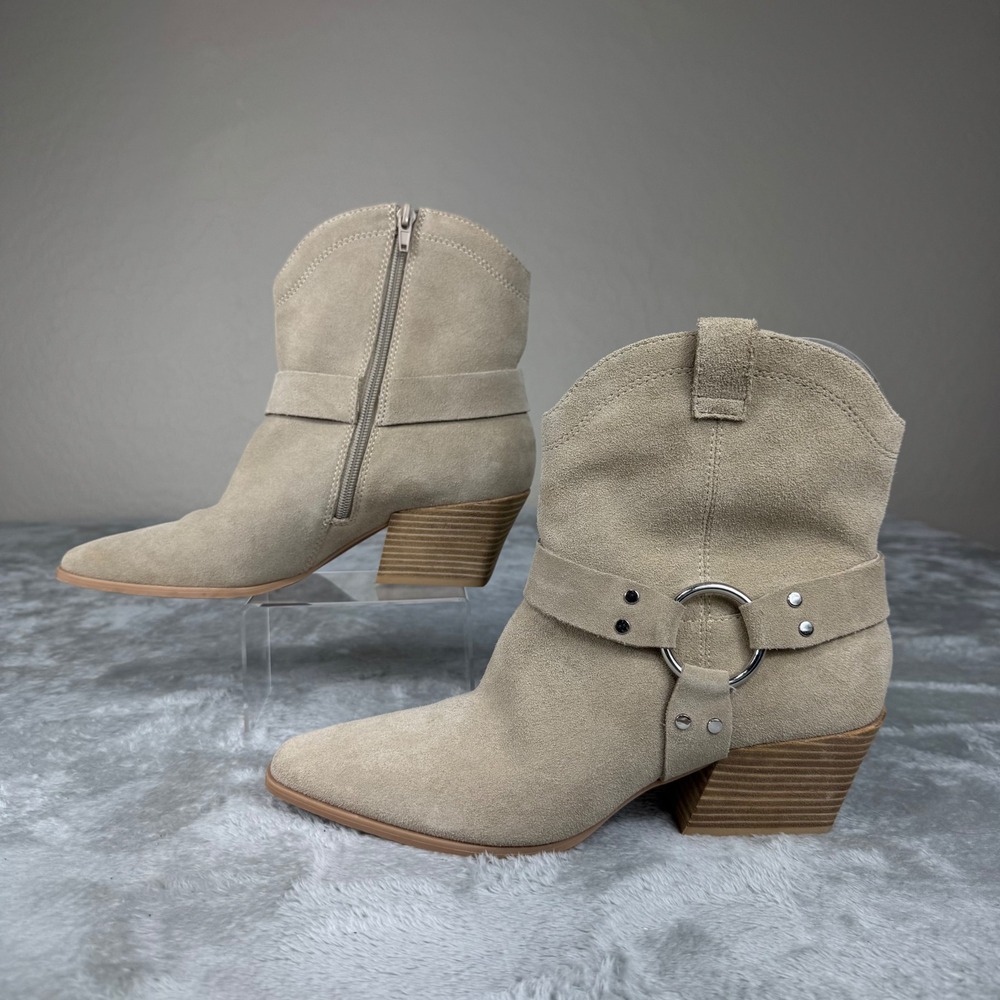Open Edit Women's Suede Western Ankle Boots Taupe Harness Block Heel Size 9M